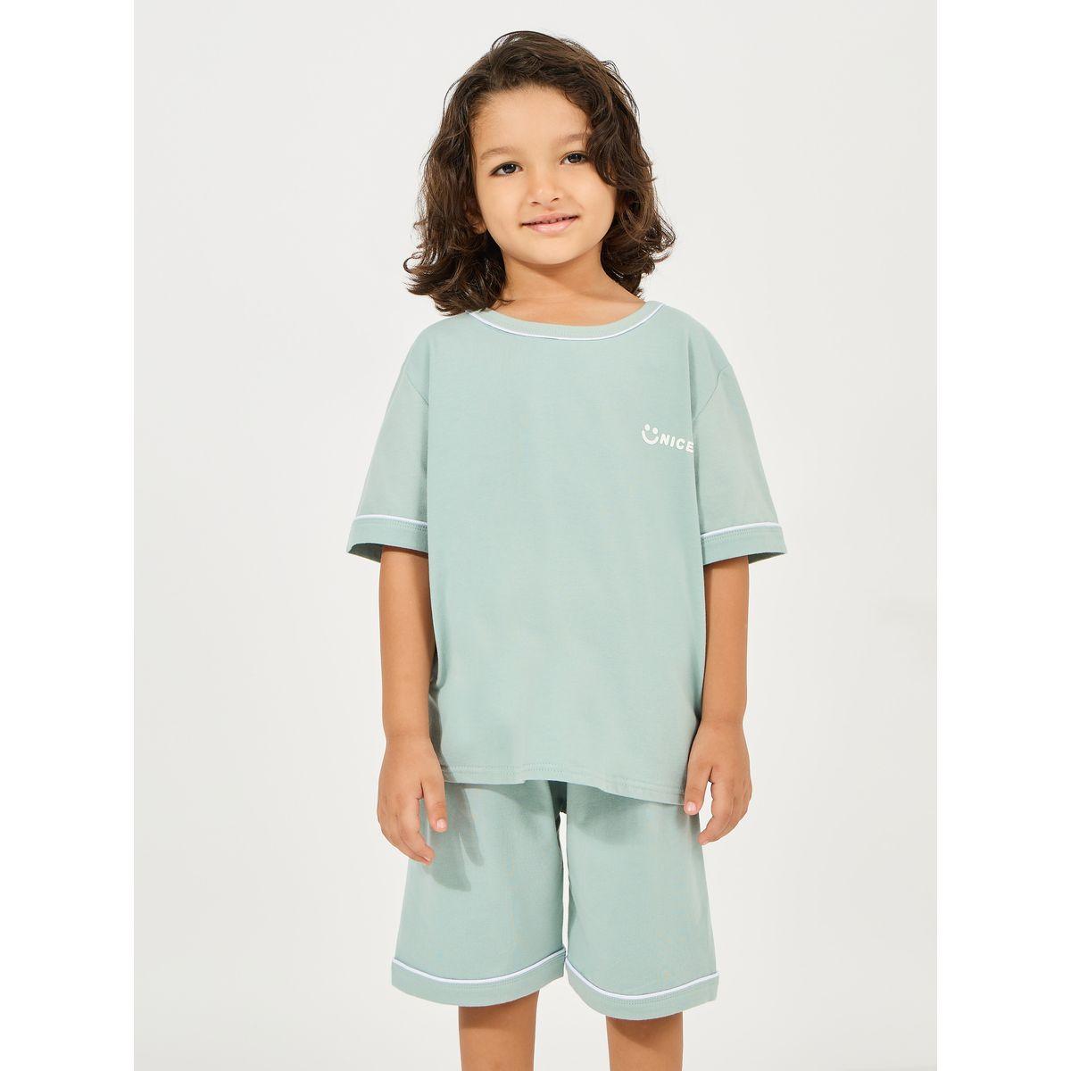Styli Cotton Minimal Print T-Shirt & Shorts Set-boys-clothing-nightwear-image-2
