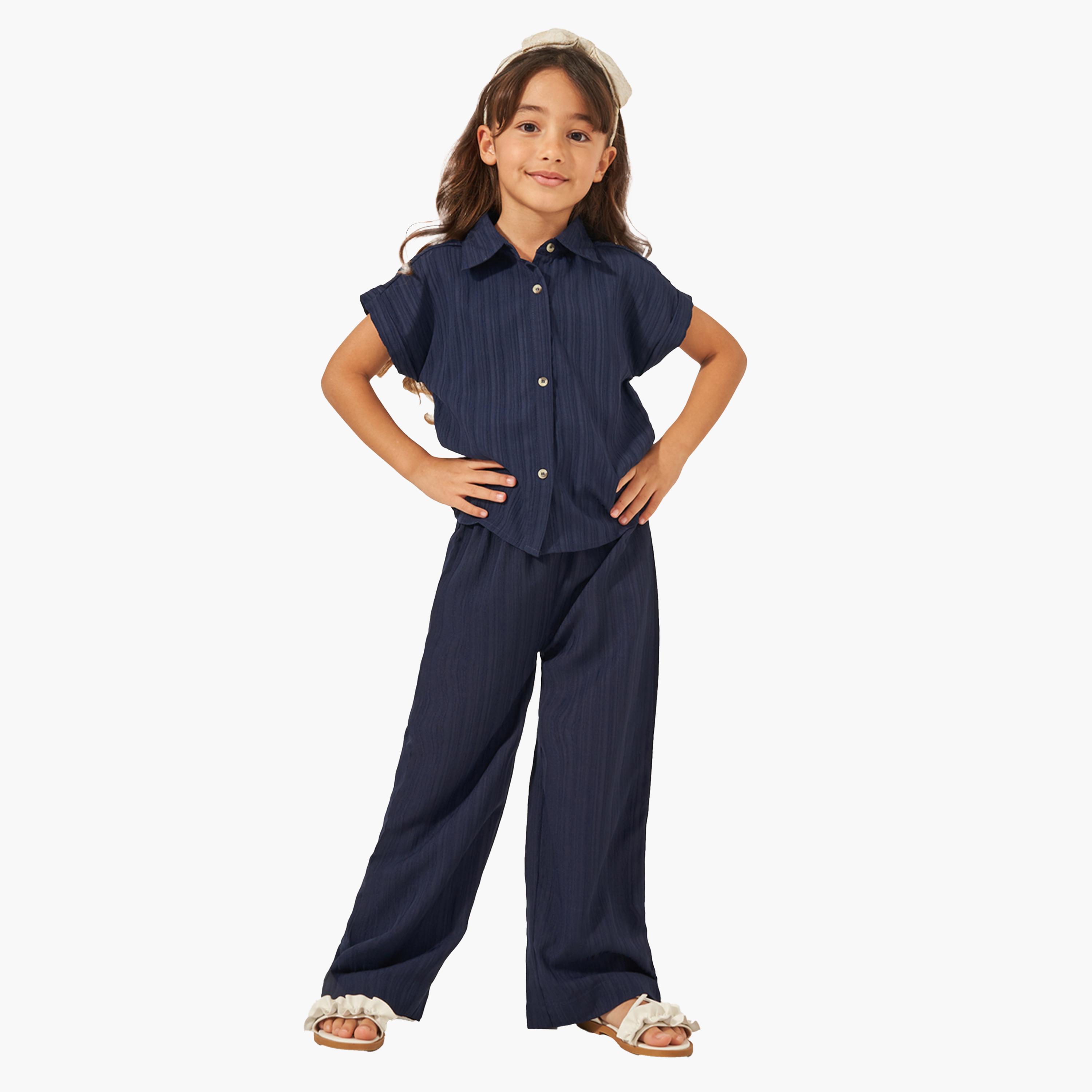 Styli Textured Spread Collar Shirt and Trousers Set-girls-clothing-setsandcoords-image-1