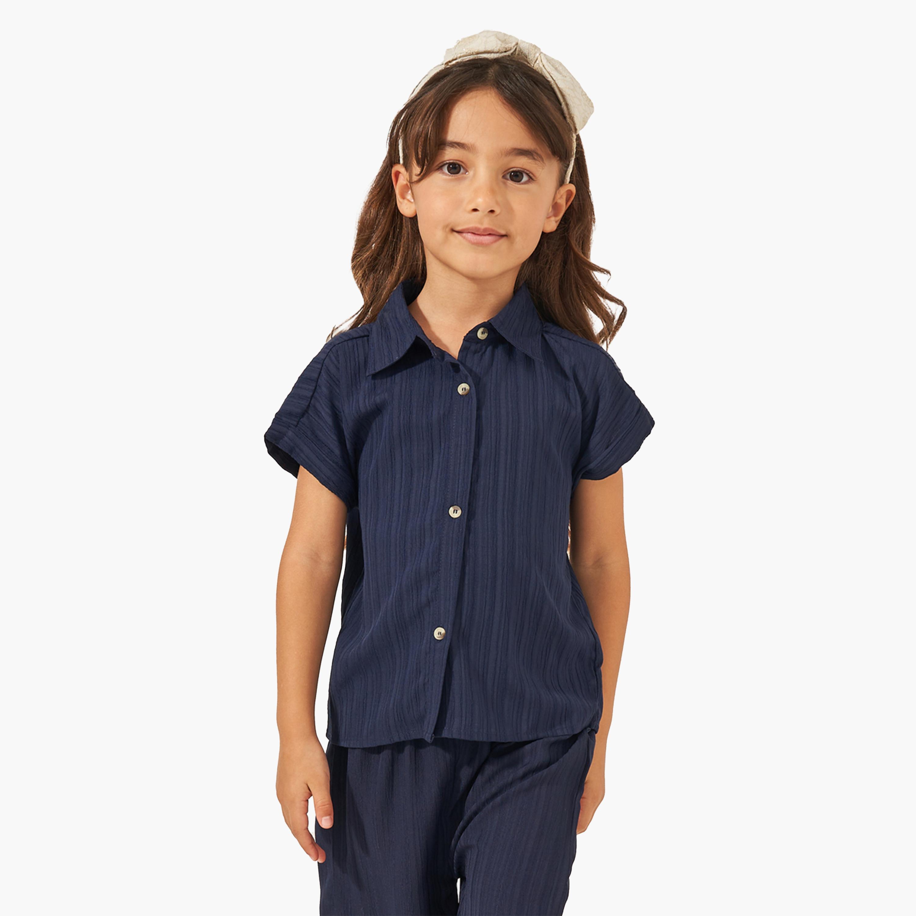 Styli Textured Spread Collar Shirt and Trousers Set-girls-clothing-setsandcoords-image-2
