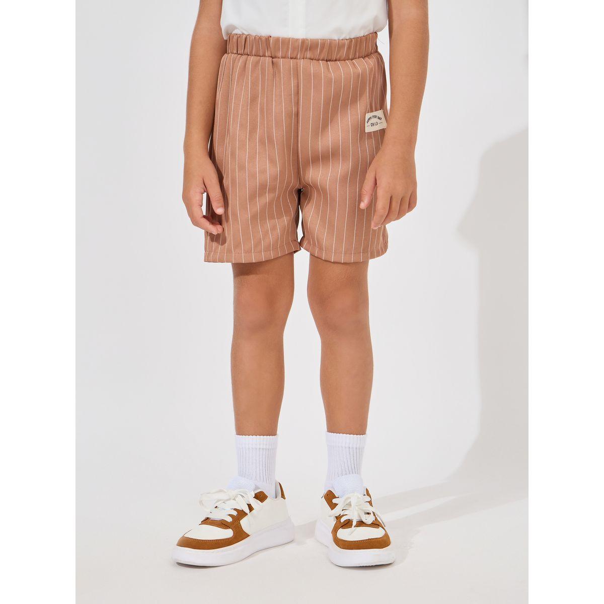 Styli Solid Mandarin Neck Shirt & Striped Shorts Set-boys-clothing-setsandcoords-image-5