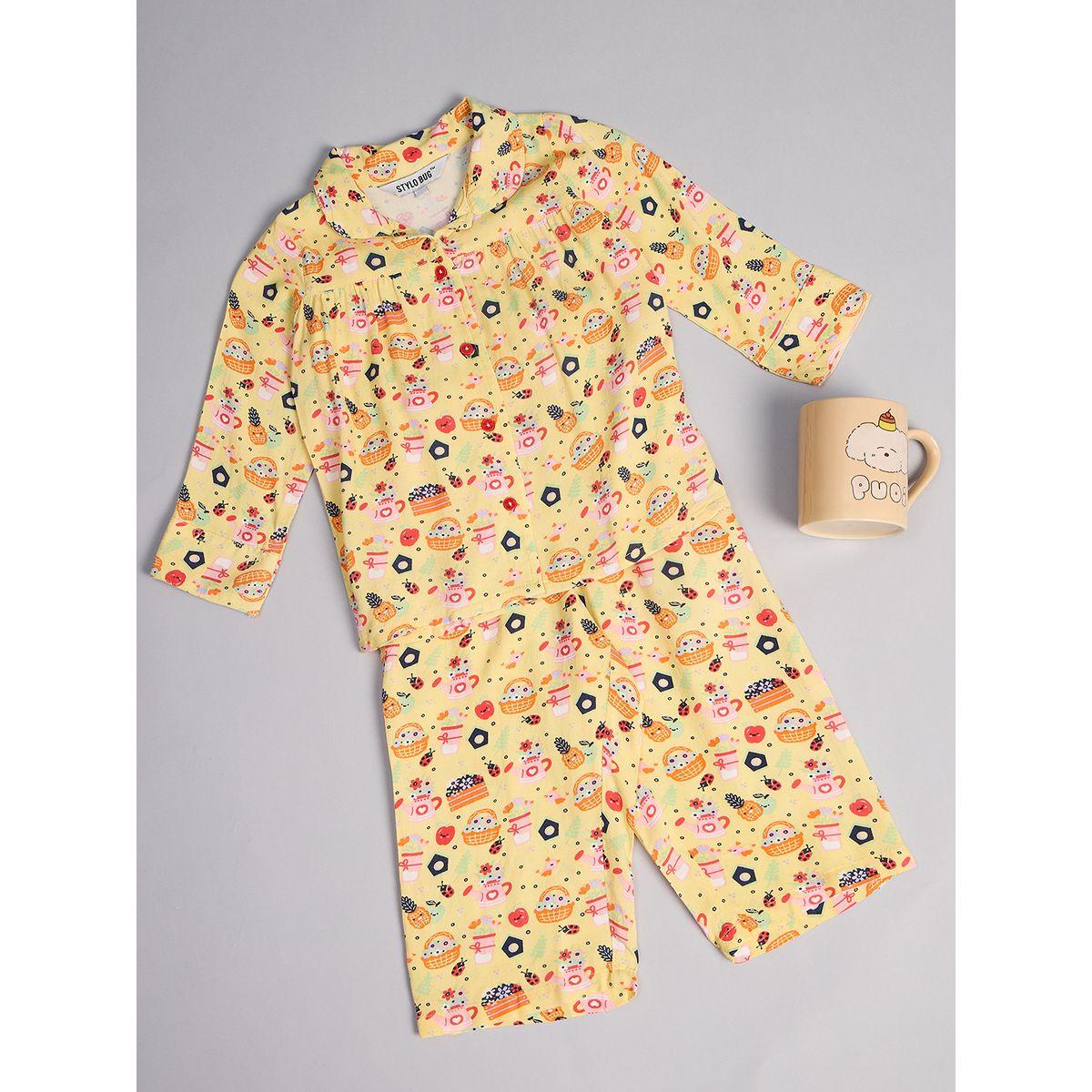 Stylo Bug X Styli Backyard Garden Graphic Print Shirt & Pyjama Set-girls-clothing-nightwear-image-3