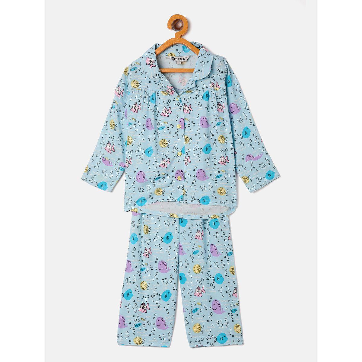 Stylo Bug X Styli Aqua Fish Graphic Print Shirt & Pyjama Set-girls-clothing-nightwear-image-1
