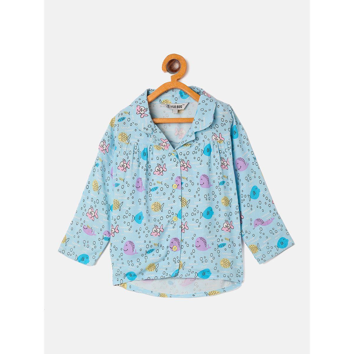 Stylo Bug X Styli Aqua Fish Graphic Print Shirt & Pyjama Set-girls-clothing-nightwear-image-2