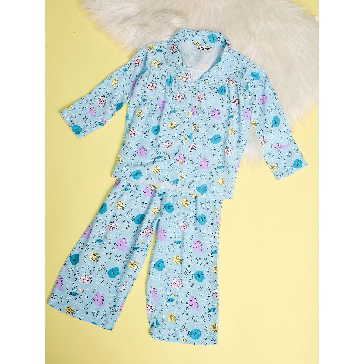Stylo Bug X Styli Aqua Fish Graphic Print Shirt & Pyjama Set-girls-clothing-nightwear-image-7