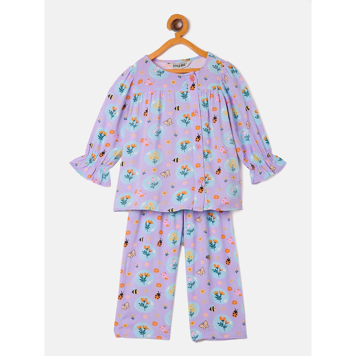 Stylo Bug X Styli Floral Graphic Print Top & Pyjama Set-girls-clothing-nightwear-image-1