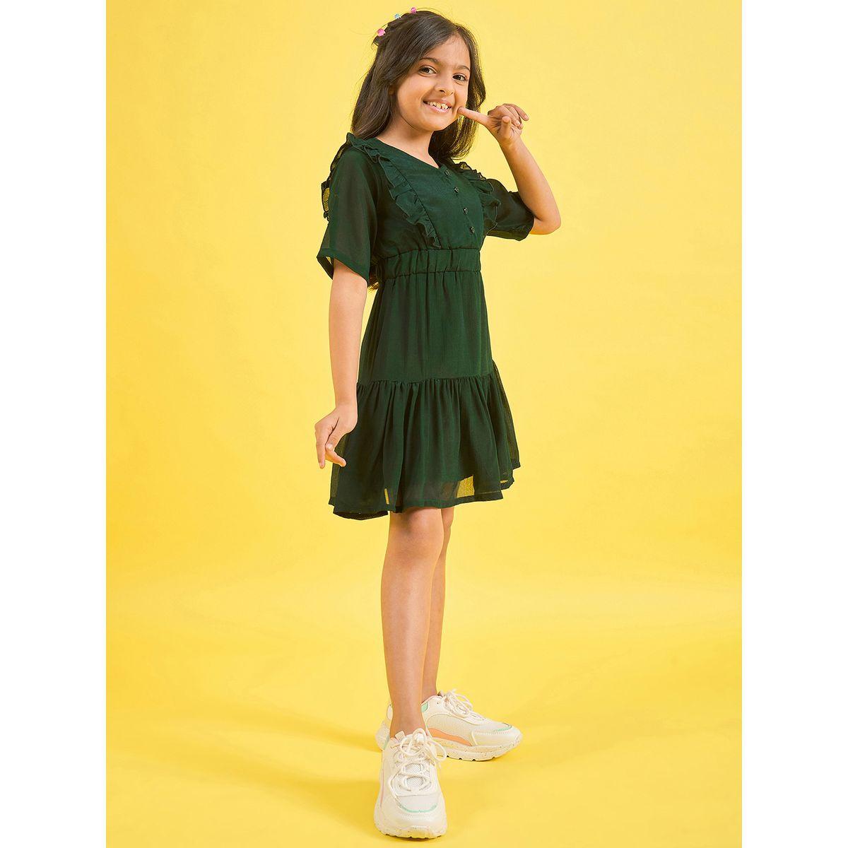 Stylo Bug X Styli Ruffle Trim V Neck A-Line Dress-girls-clothing-dressesandjumpsuits-image-4