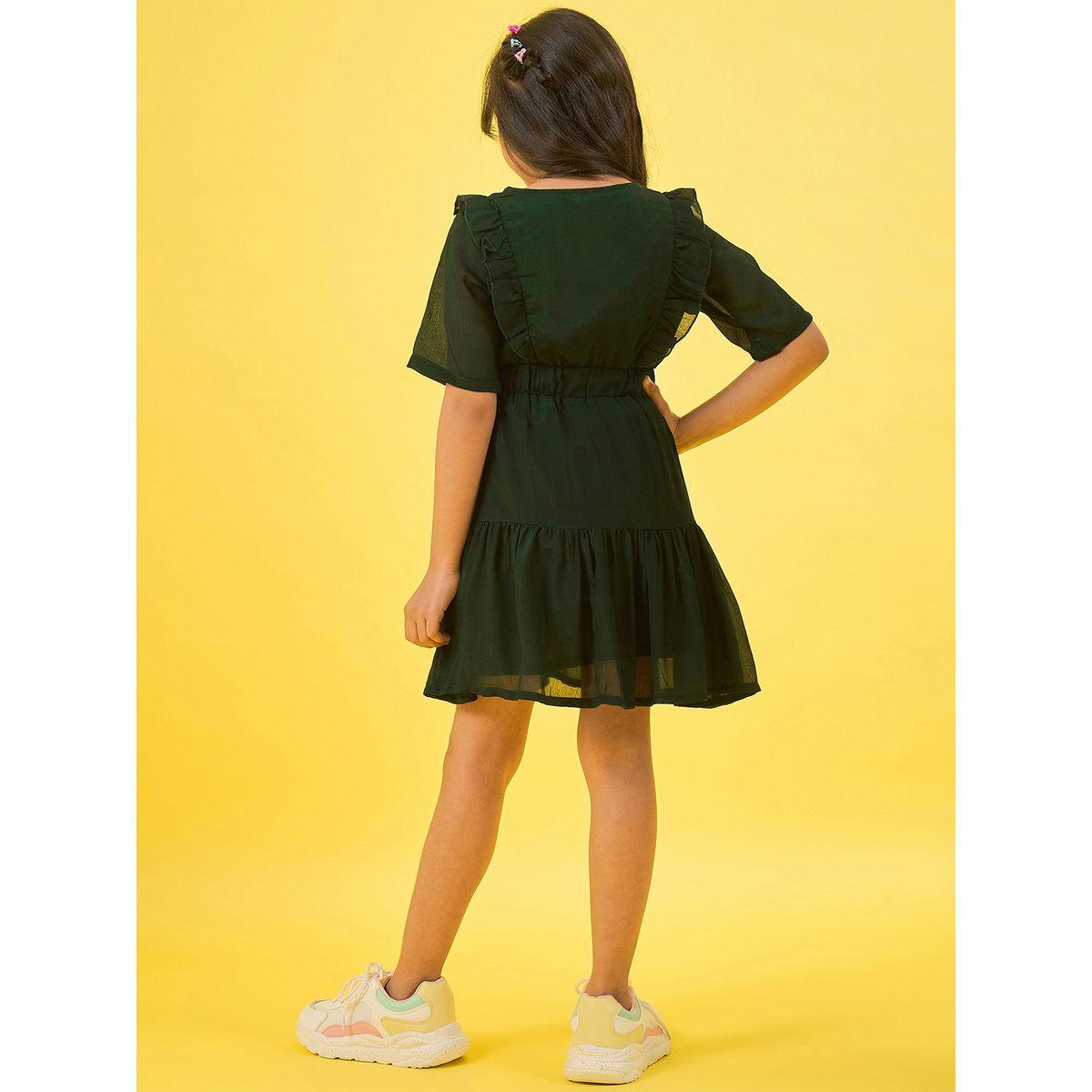 Stylo Bug X Styli Ruffle Trim V Neck A-Line Dress-girls-clothing-dressesandjumpsuits-image-5
