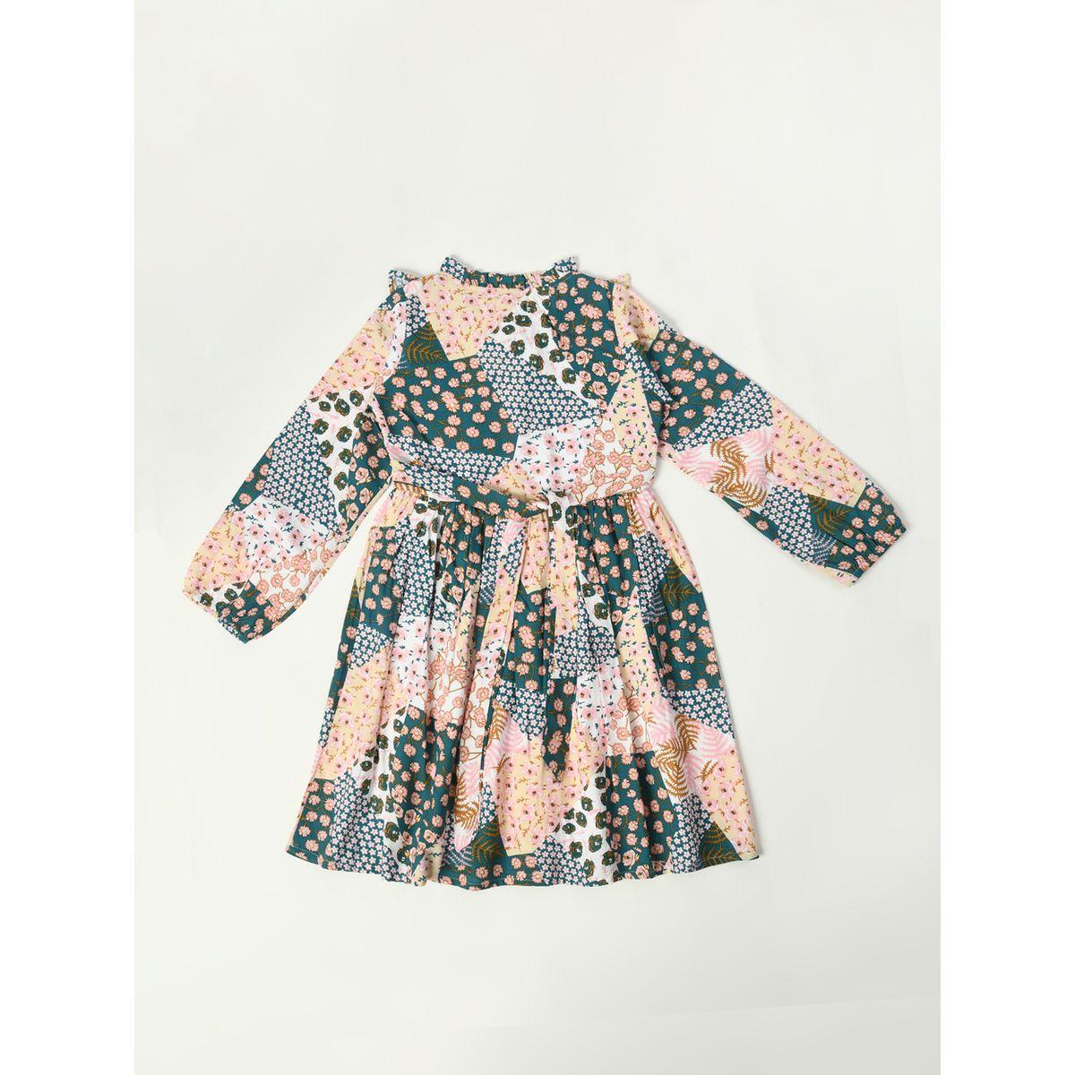 فستان كاجوال بطبعة مرقعة مع حزام بيلا مودا × ستايلي-girls-clothing-dressesandjumpsuits-image-2