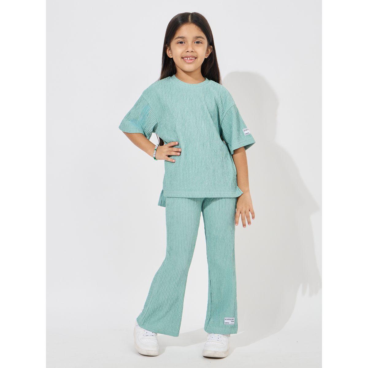 Styli Elevate Drop Shoulder Textured T-Shirt & Flared Pants Set-girls-clothing-setsandcoords-image-1