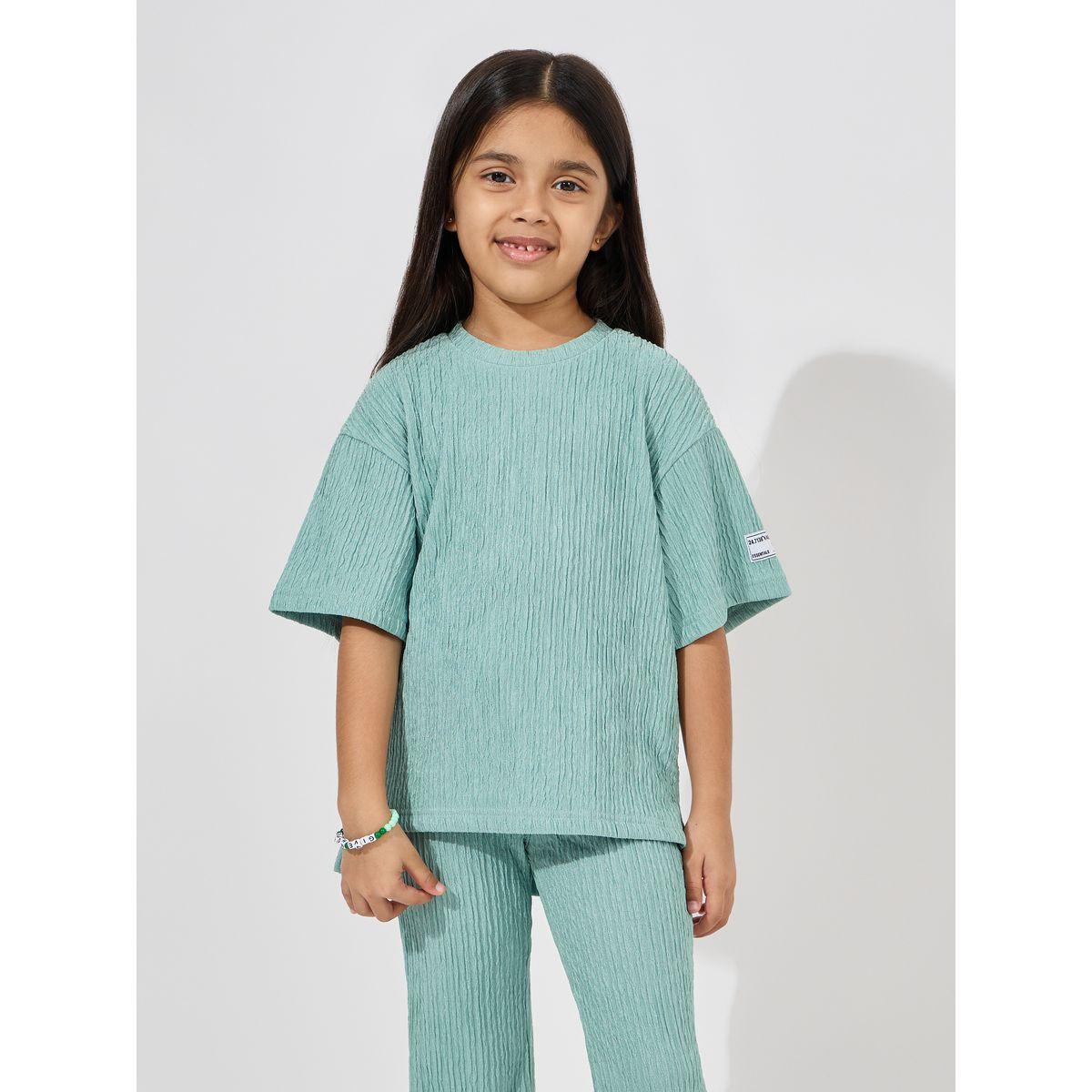 Styli Elevate Drop Shoulder Textured T-Shirt & Flared Pants Set-girls-clothing-setsandcoords-image-2