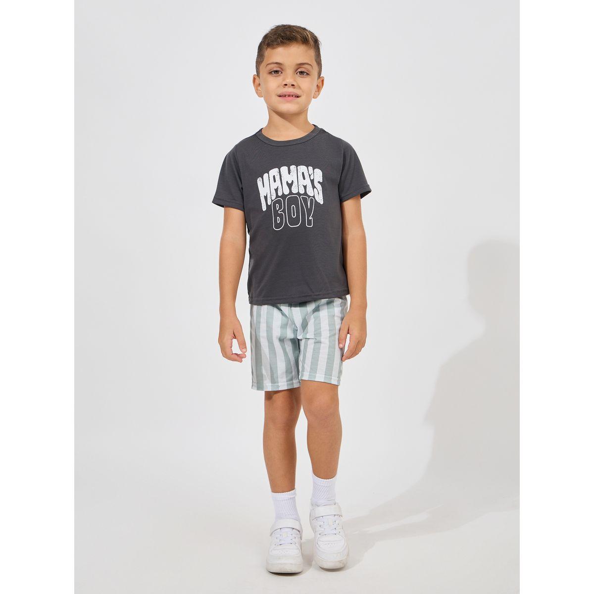 Styli Slogan Print T-Shirt & Striped Shorts Set-boys-clothing-setsandcoords-image-1