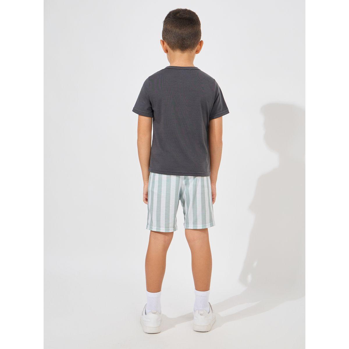 Styli Slogan Print T-Shirt & Striped Shorts Set-boys-clothing-setsandcoords-image-4