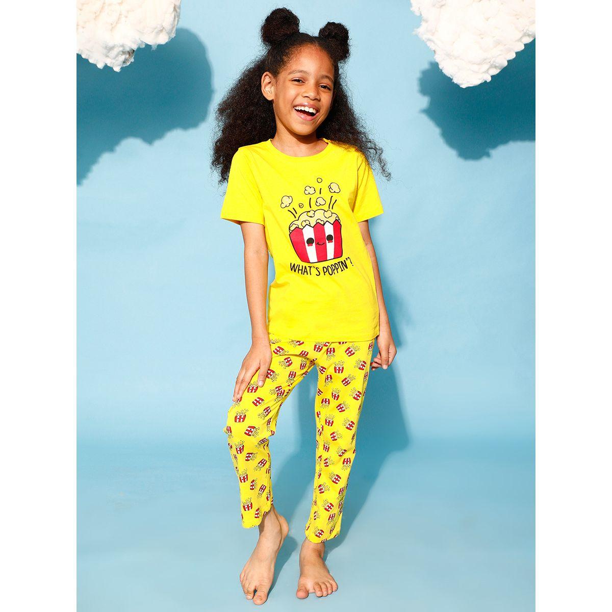 Clovia Cubs X Styli  Popcorn Graphic Print T-Shirt & Pyjama Set-girls-clothing-nightwear-image-2