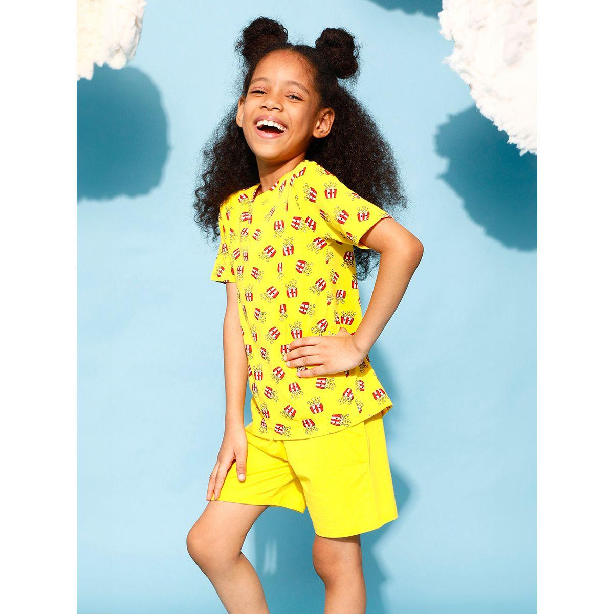 Clovia Cubs X Styli  Popcorn Graphic Print T-Shirt & Shorts Set-girls-clothing-nightwear-image-4