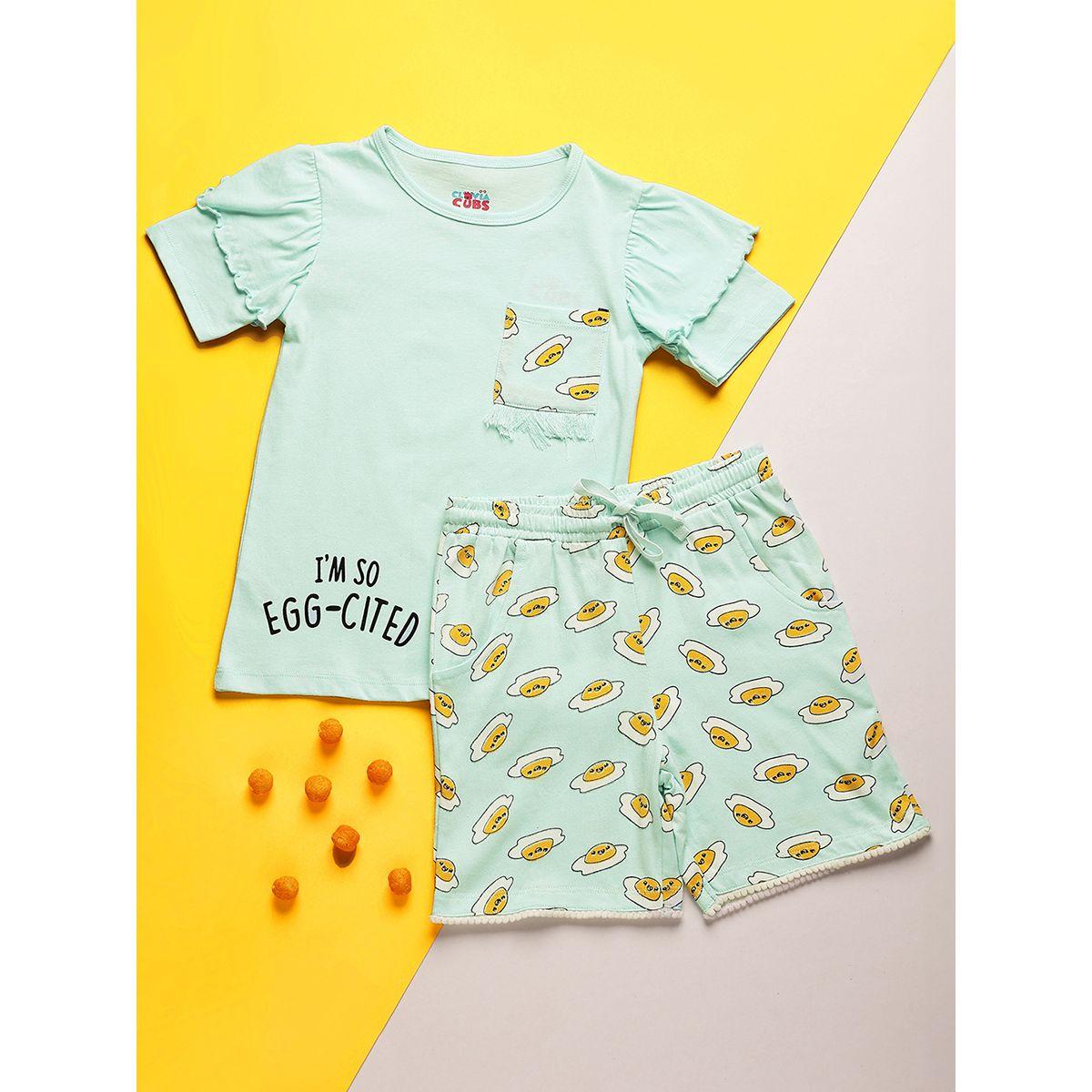 Clovia Cubs X Styli  Egg-Cited Graphic Ruffled Top & Shorts Set-girls-clothing-nightwear-image-1