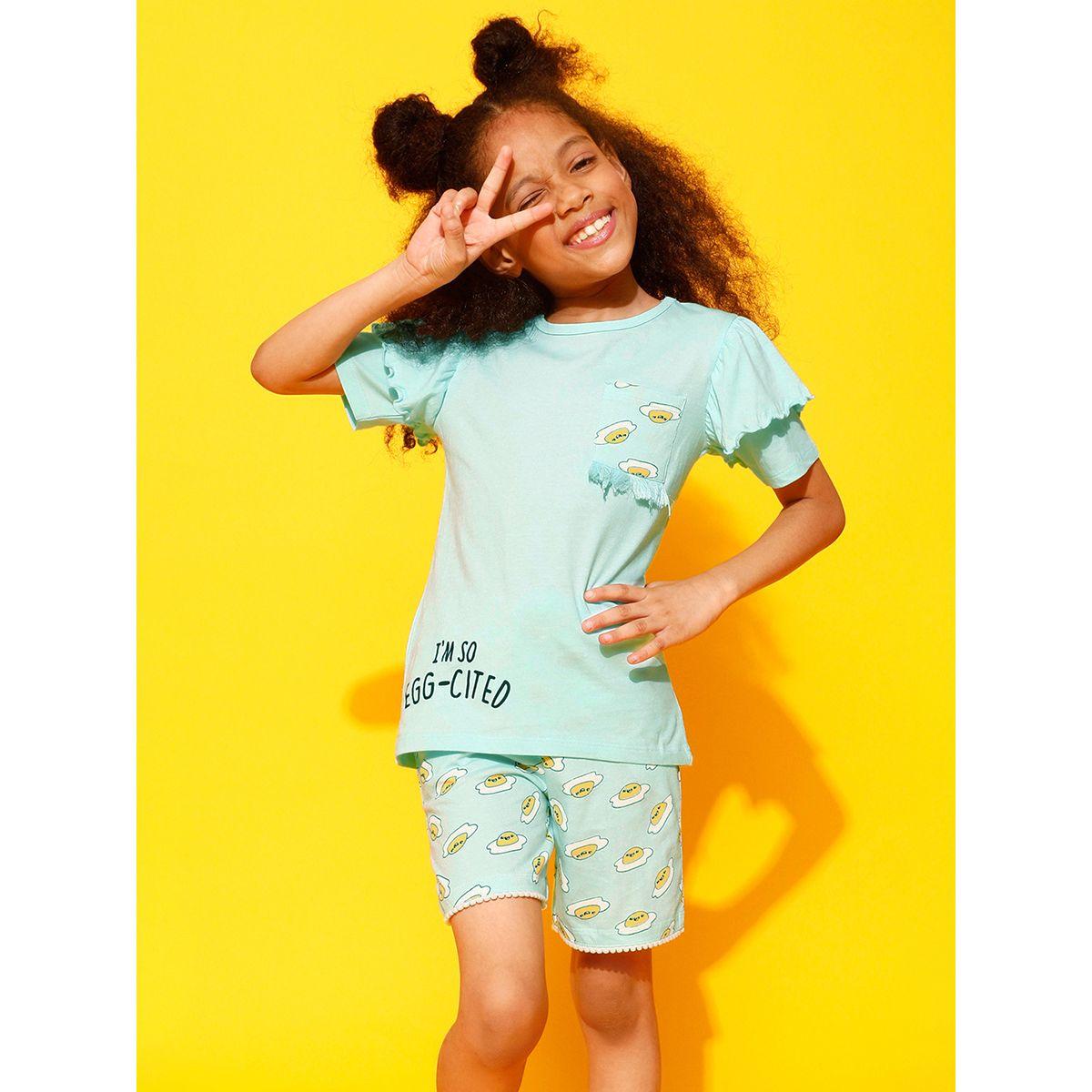 Clovia Cubs X Styli  Egg-Cited Graphic Ruffled Top & Shorts Set-girls-clothing-nightwear-image-2
