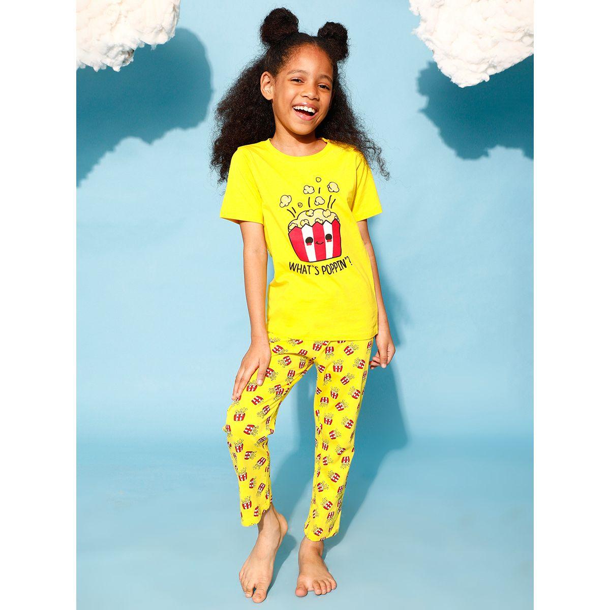 Clovia Cubs X Styli  Popcorn Graphic Print T-Shirt & Pyjama Set-girls-clothing-nightwear-image-2