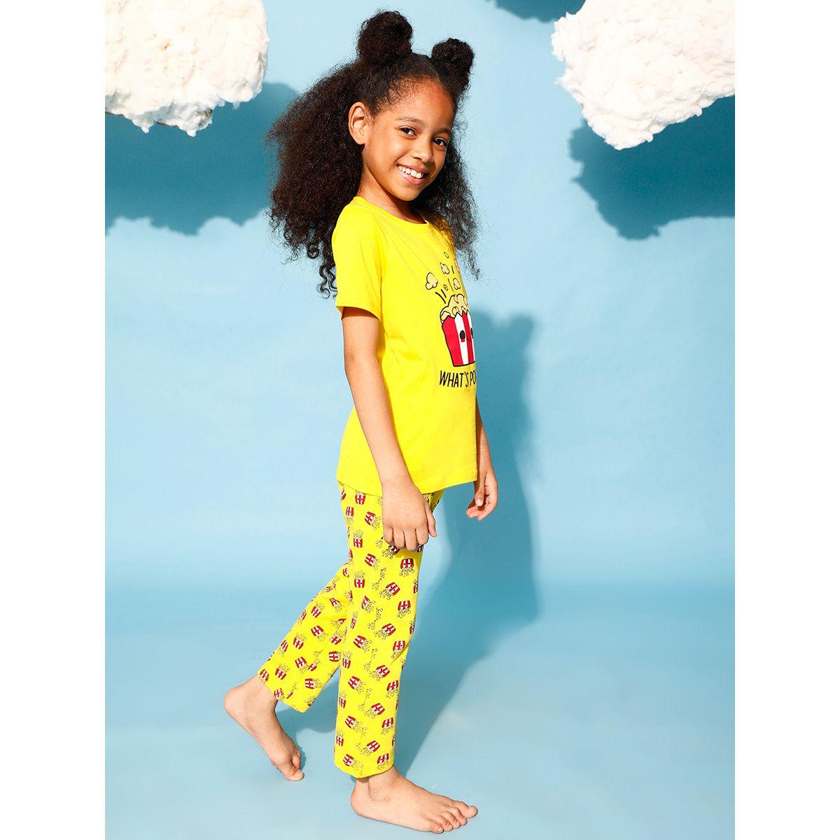 Clovia Cubs X Styli  Popcorn Graphic Print T-Shirt & Pyjama Set-girls-clothing-nightwear-image-3