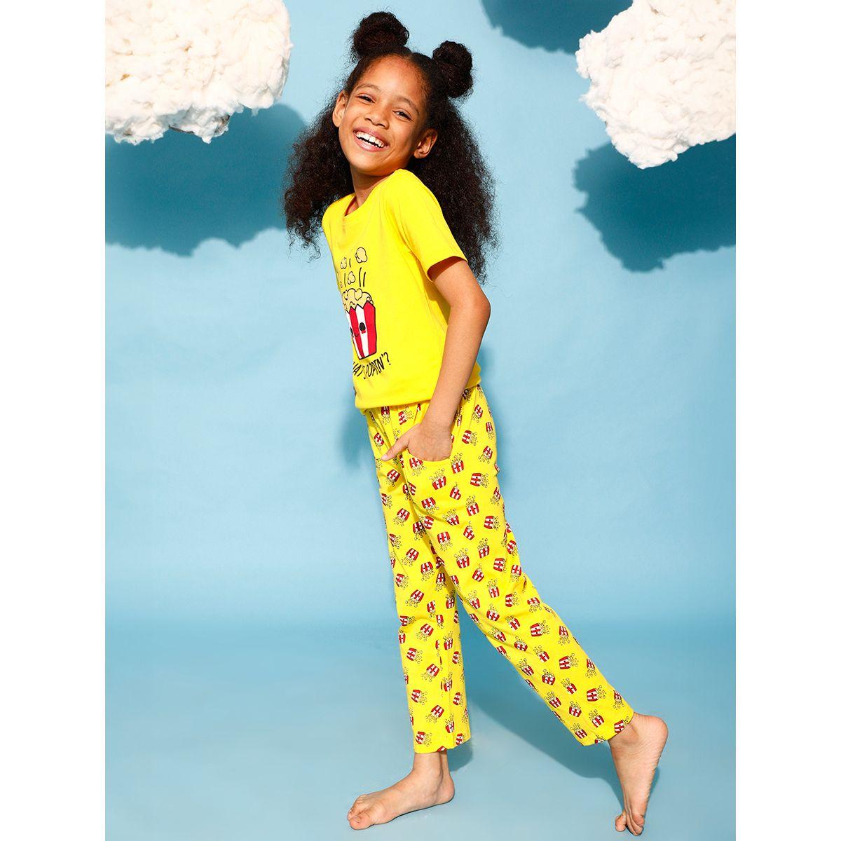 Clovia Cubs X Styli  Popcorn Graphic Print T-Shirt & Pyjama Set-girls-clothing-nightwear-image-4