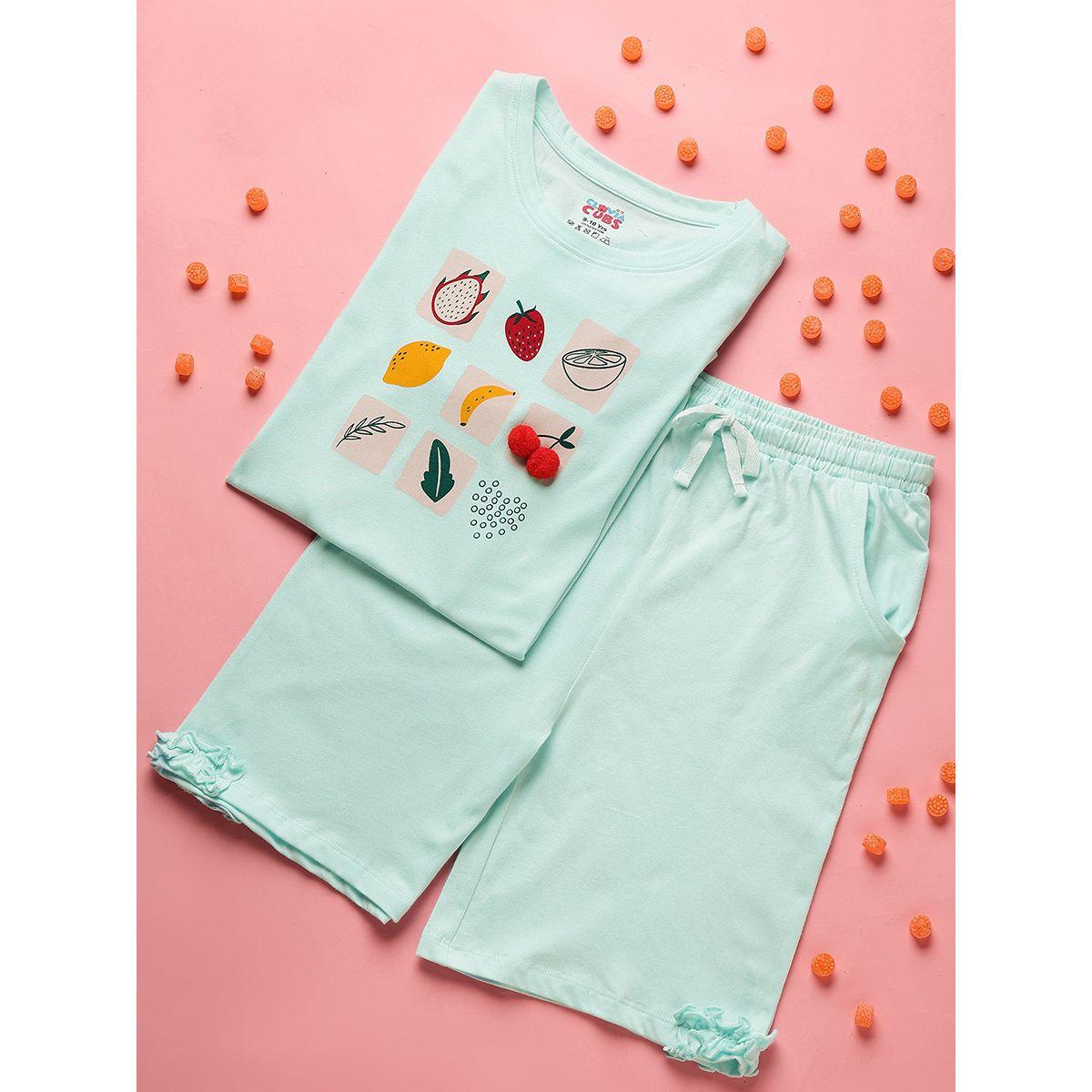 Clovia Cubs X Styli  Fruit Print Ruffle Detail T-Shirt & Shorts Set-girls-clothing-nightwear-image-1
