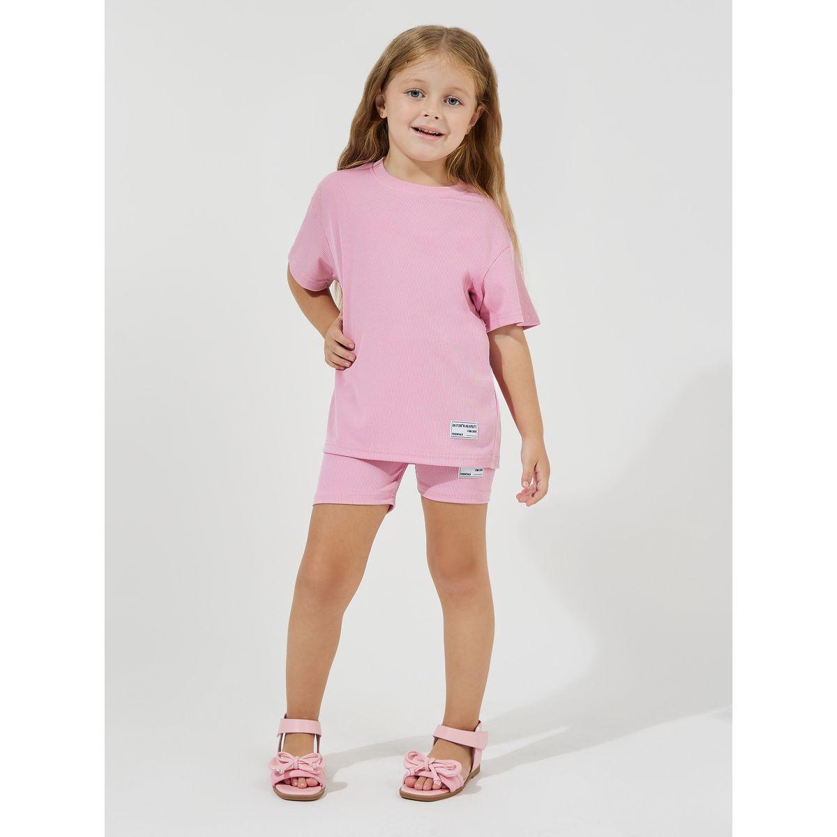 Styli Elevate Patch Detail Rib Oversized T-Shirt & Shorts Set-girls-clothing-setsandcoords-image-1