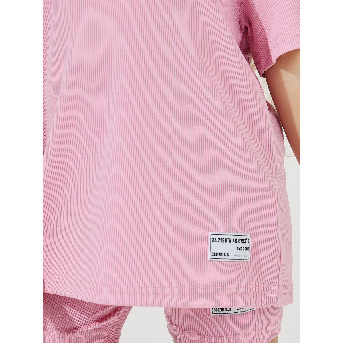 Styli Elevate Patch Detail Rib Oversized T-Shirt & Shorts Set-girls-clothing-setsandcoords-image-3