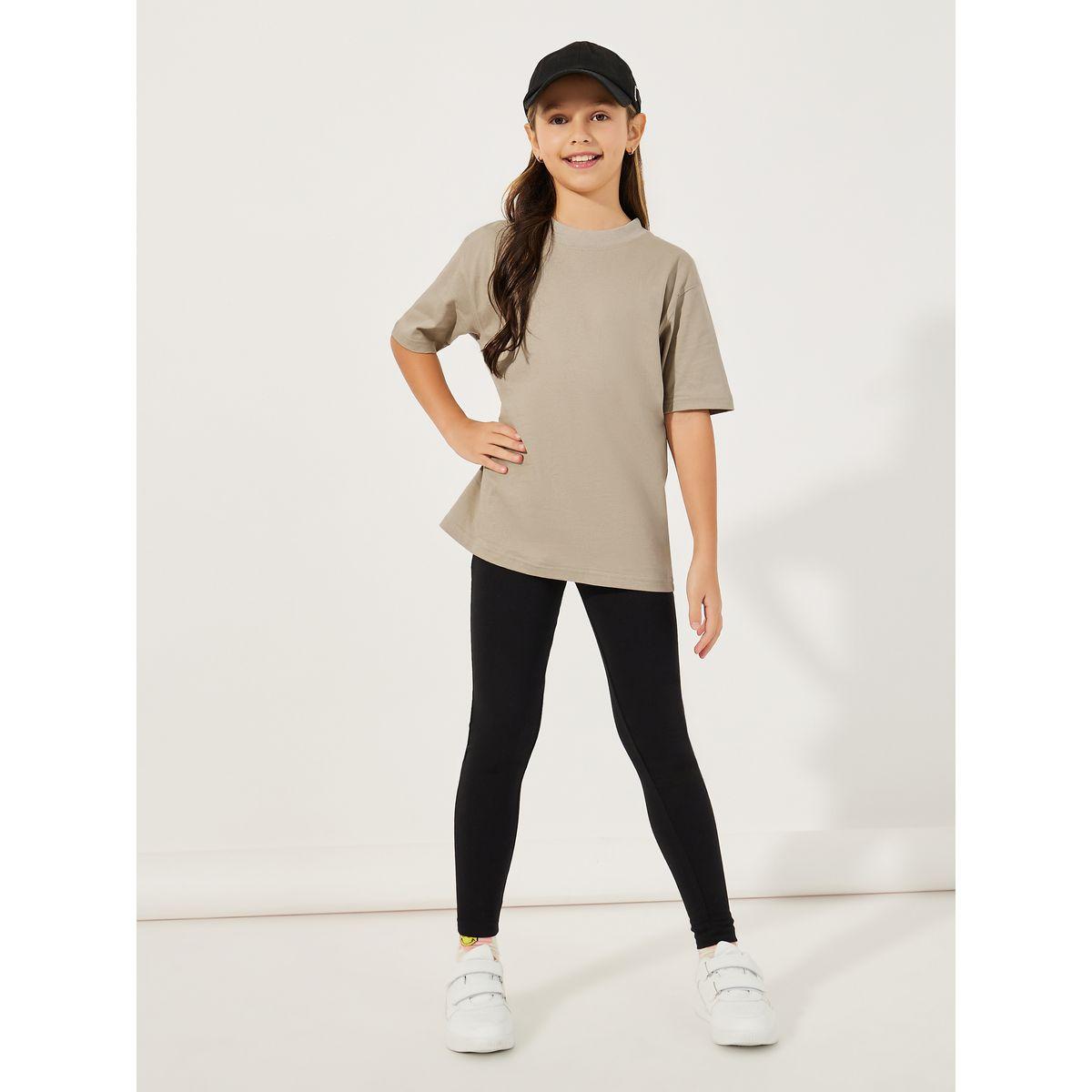 Styli Solid Round Neck Oversized T-Shirt & Leggings Co-Ords Set-girls-clothing-setsandcoords-image-1