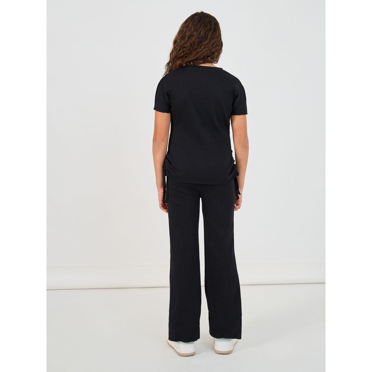 Styli Rib Round Neck Ruched Detail T-Shirt & Wide Leg Joggers Co-Ord-girls-clothing-setsandcoords-image-5