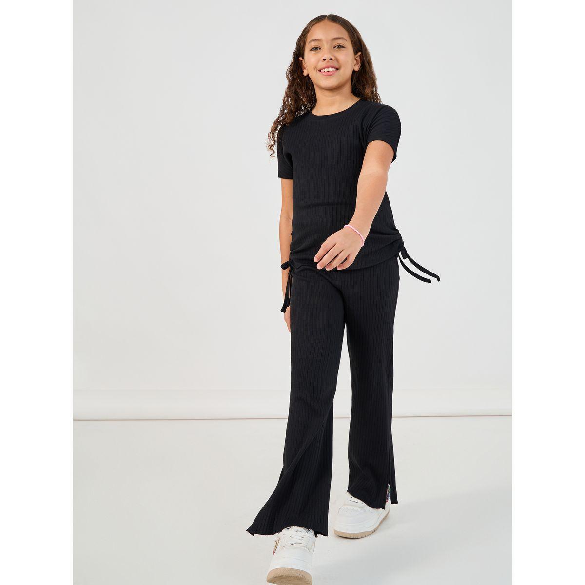 Styli Rib Round Neck Ruched Detail T-Shirt & Wide Leg Joggers Co-Ord-girls-clothing-setsandcoords-image-6