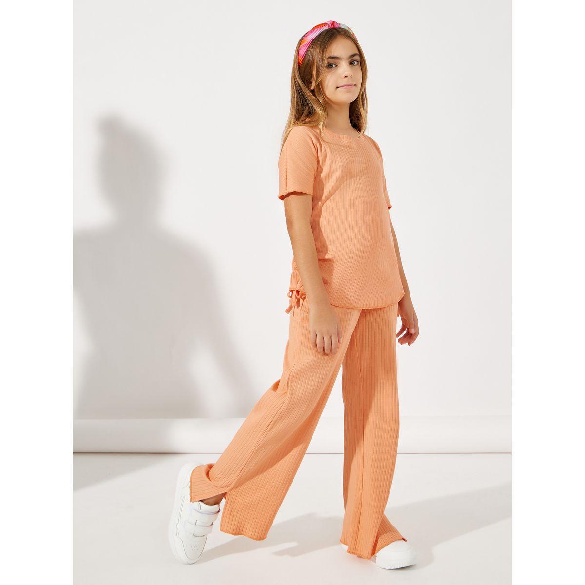 Styli Side Ruched Detail Rib Knit T-Shirt & Wide Leg Joggers Co-Ords Set-girls-clothing-setsandcoords-image-1