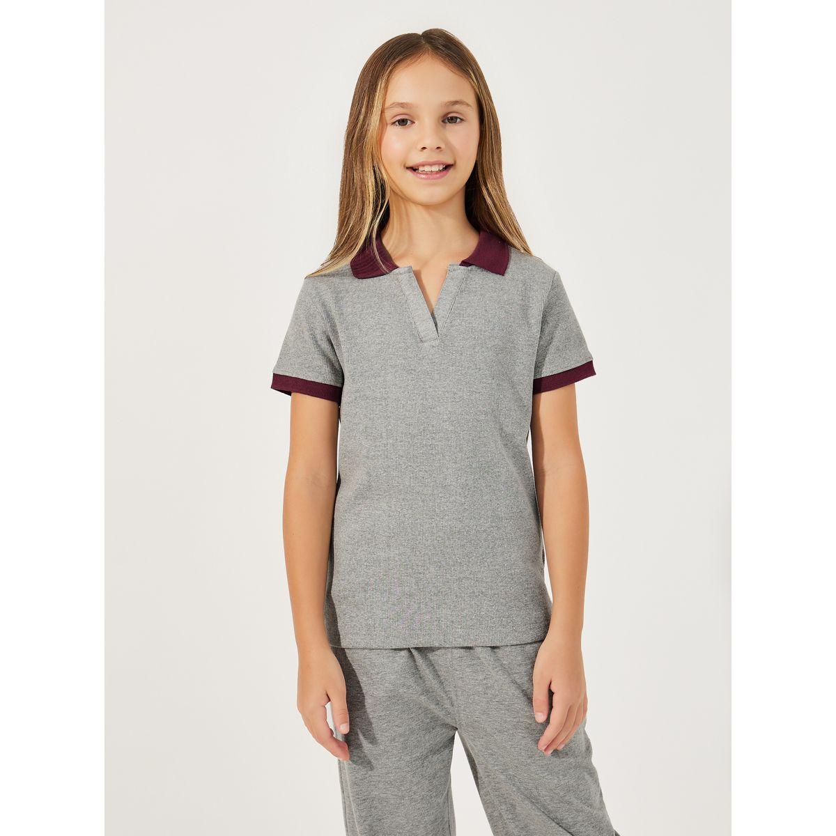 Styli Rib Knit Polo T-Shirt with Contrast Collar & Wide Leg Joggers Set-girls-clothing-setsandcoords-image-2