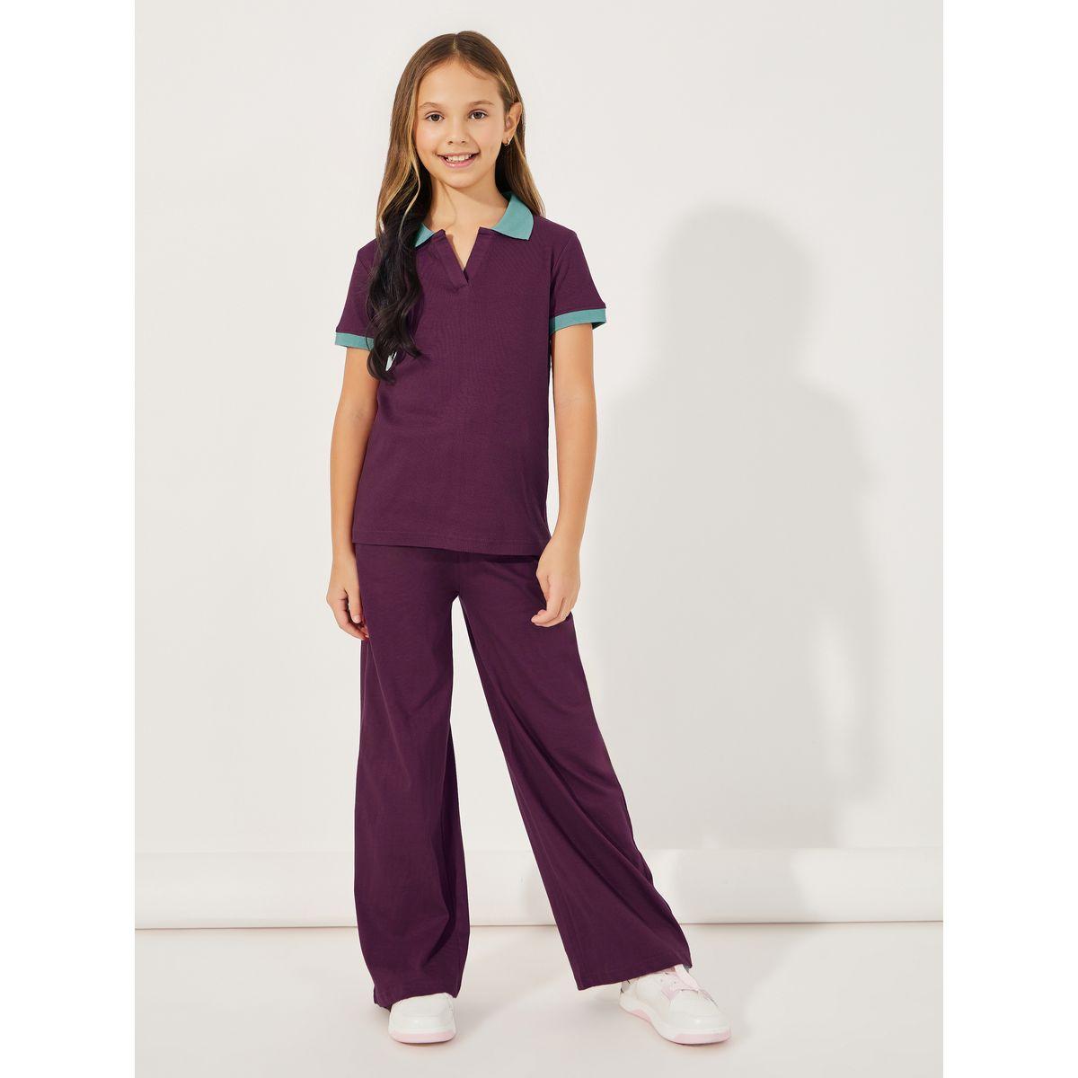 Styli Rib Knit Polo T-Shirt with Contrast Collar & Wide Leg Joggers Set-girls-clothing-setsandcoords-image-1