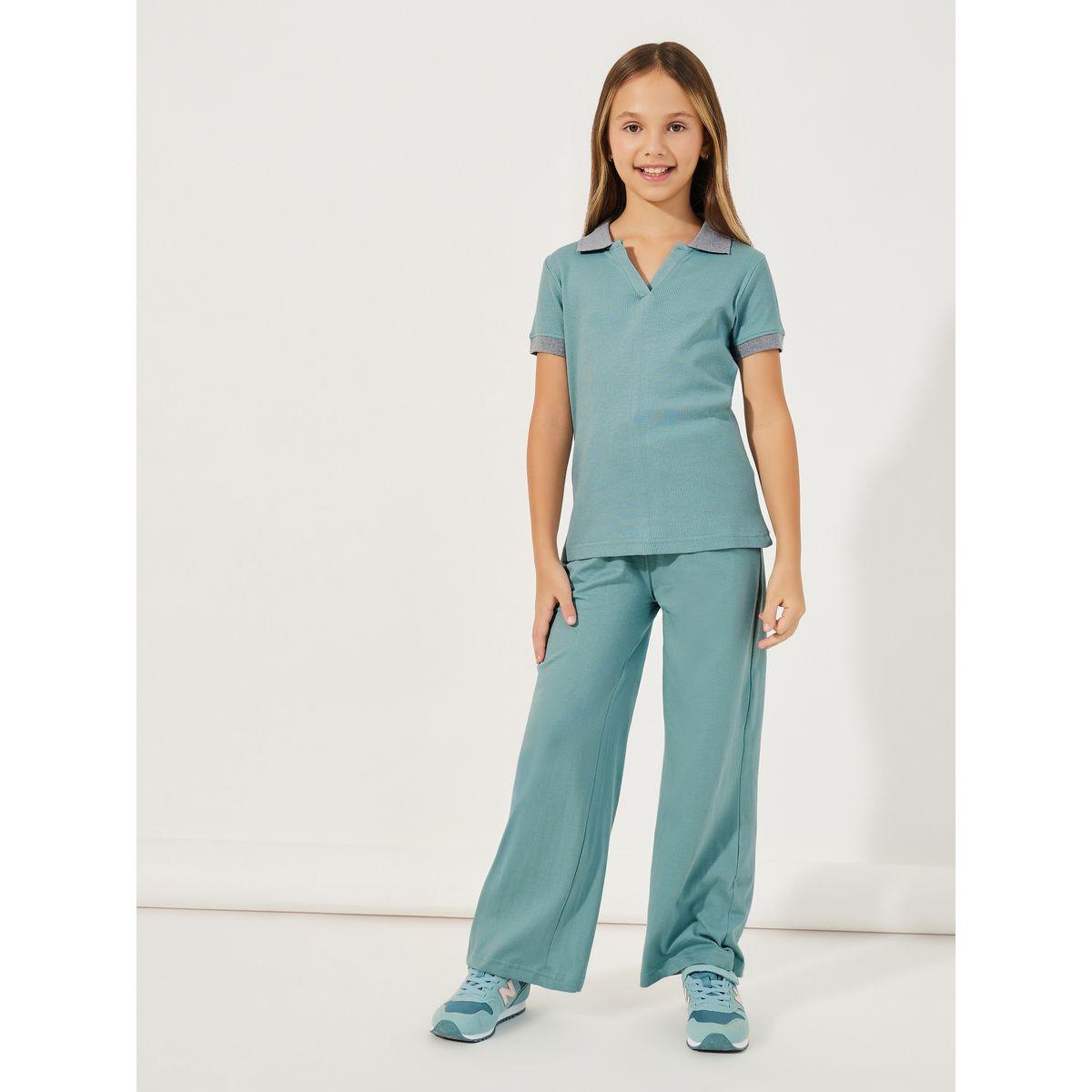Styli Rib Knit Polo T-Shirt with Contrast Collar & Wide Leg Joggers Set-girls-clothing-setsandcoords-image-1