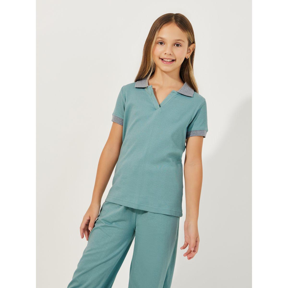 Styli Rib Knit Polo T-Shirt with Contrast Collar & Wide Leg Joggers Set-girls-clothing-setsandcoords-image-2
