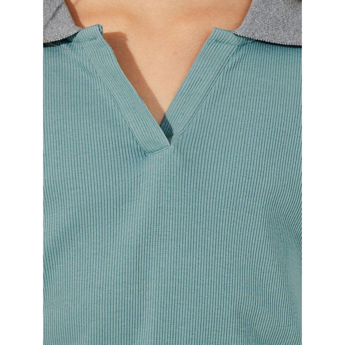 Styli Rib Knit Polo T-Shirt with Contrast Collar & Wide Leg Joggers Set-girls-clothing-setsandcoords-image-3