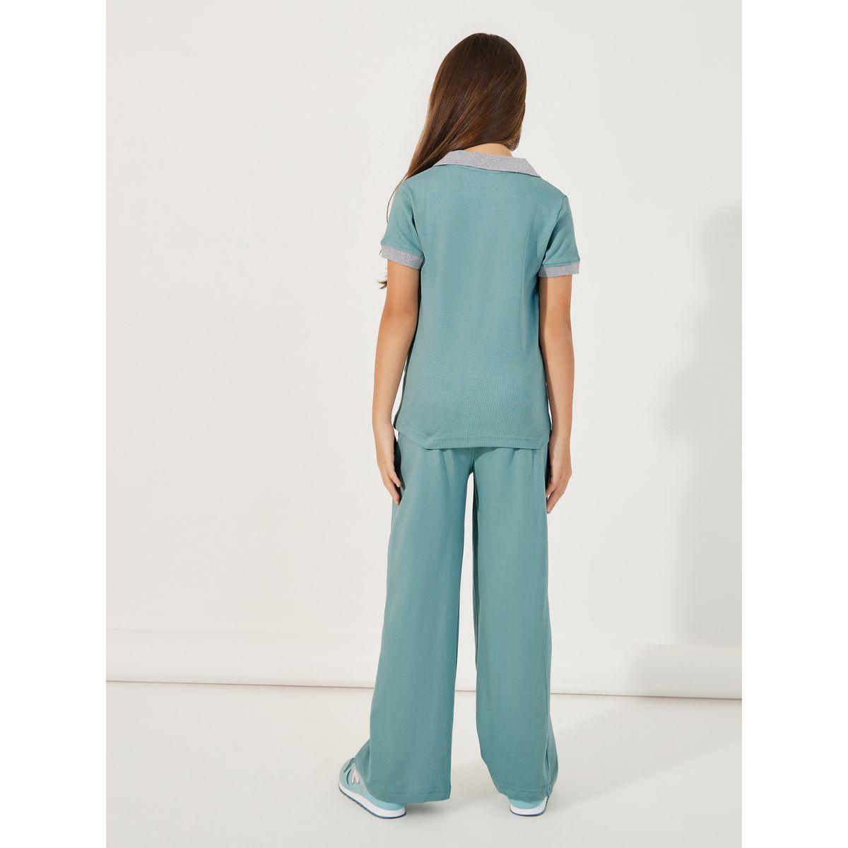 Styli Rib Knit Polo T-Shirt with Contrast Collar & Wide Leg Joggers Set-girls-clothing-setsandcoords-image-4