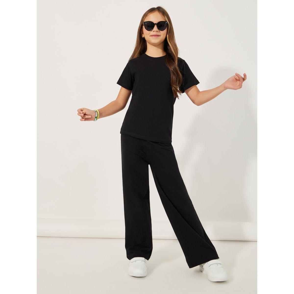 Styli Solid Round Neck T-Shirt & Wide Leg Joggers Co-Ords Set-girls-clothing-setsandcoords-image-1