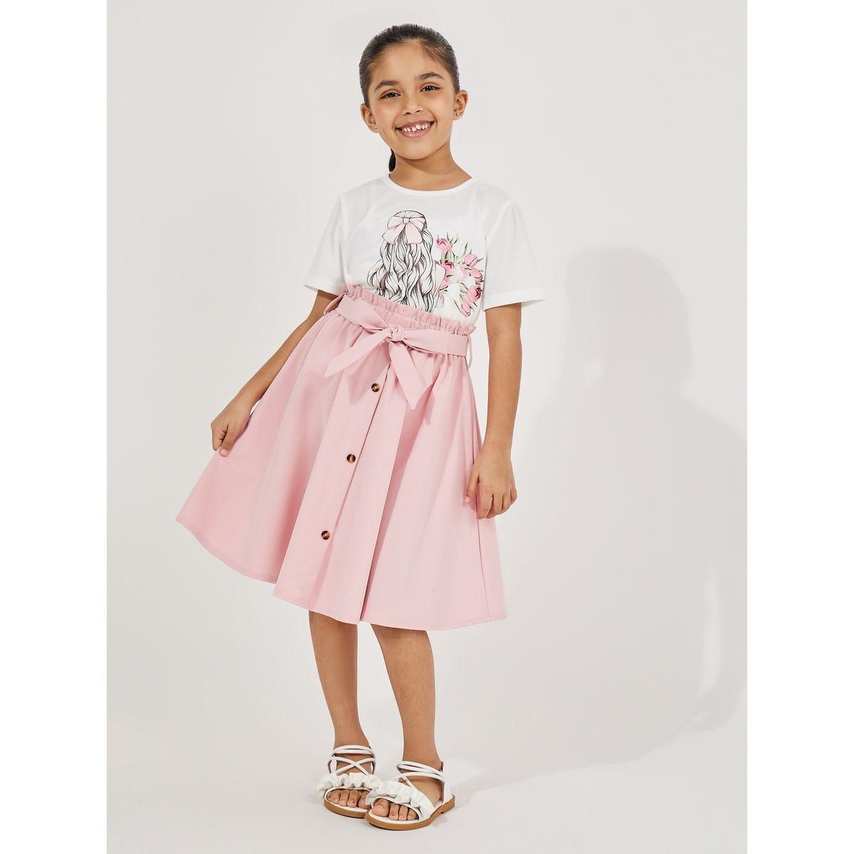 Styli Graphic Print T-Shirt & Paperbag Waist Skirt Set-girls-clothing-setsandcoords-image-1