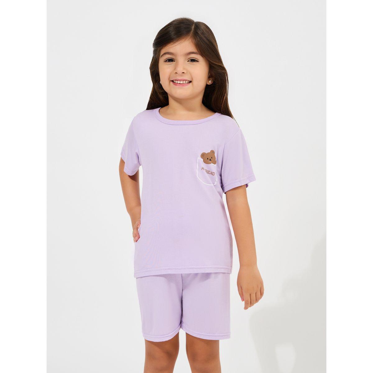 Styli Bear Print T-Shirt & Shorts Set-girls-clothing-nightwear-image-2