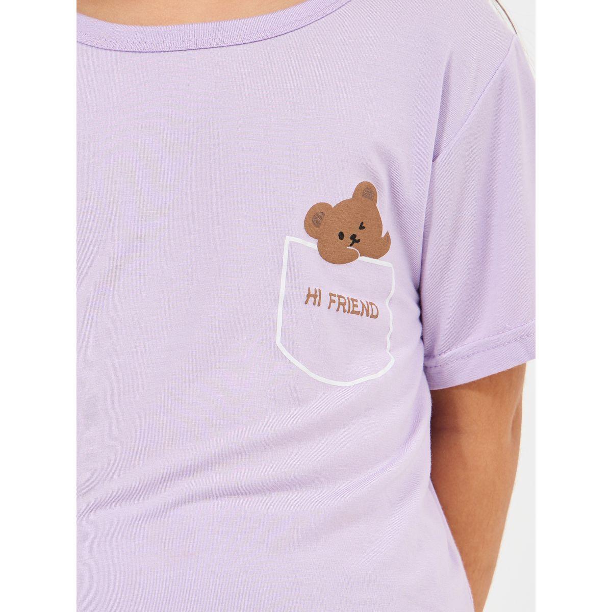 Styli Bear Print T-Shirt & Shorts Set-girls-clothing-nightwear-image-3