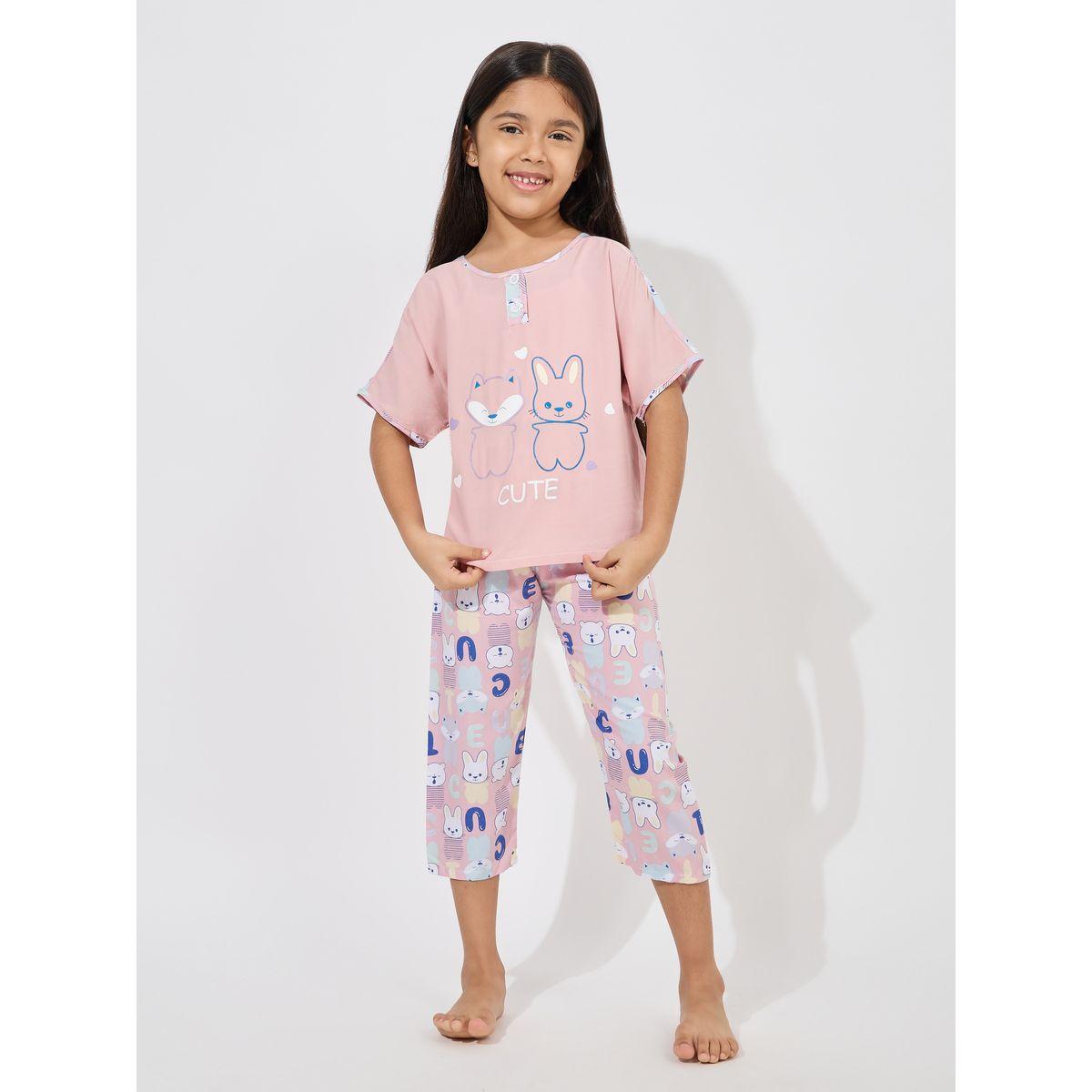 Styli Button Front Bear Print T-Shirt & Cropped Pyjama Set-girls-clothing-nightwear-image-1