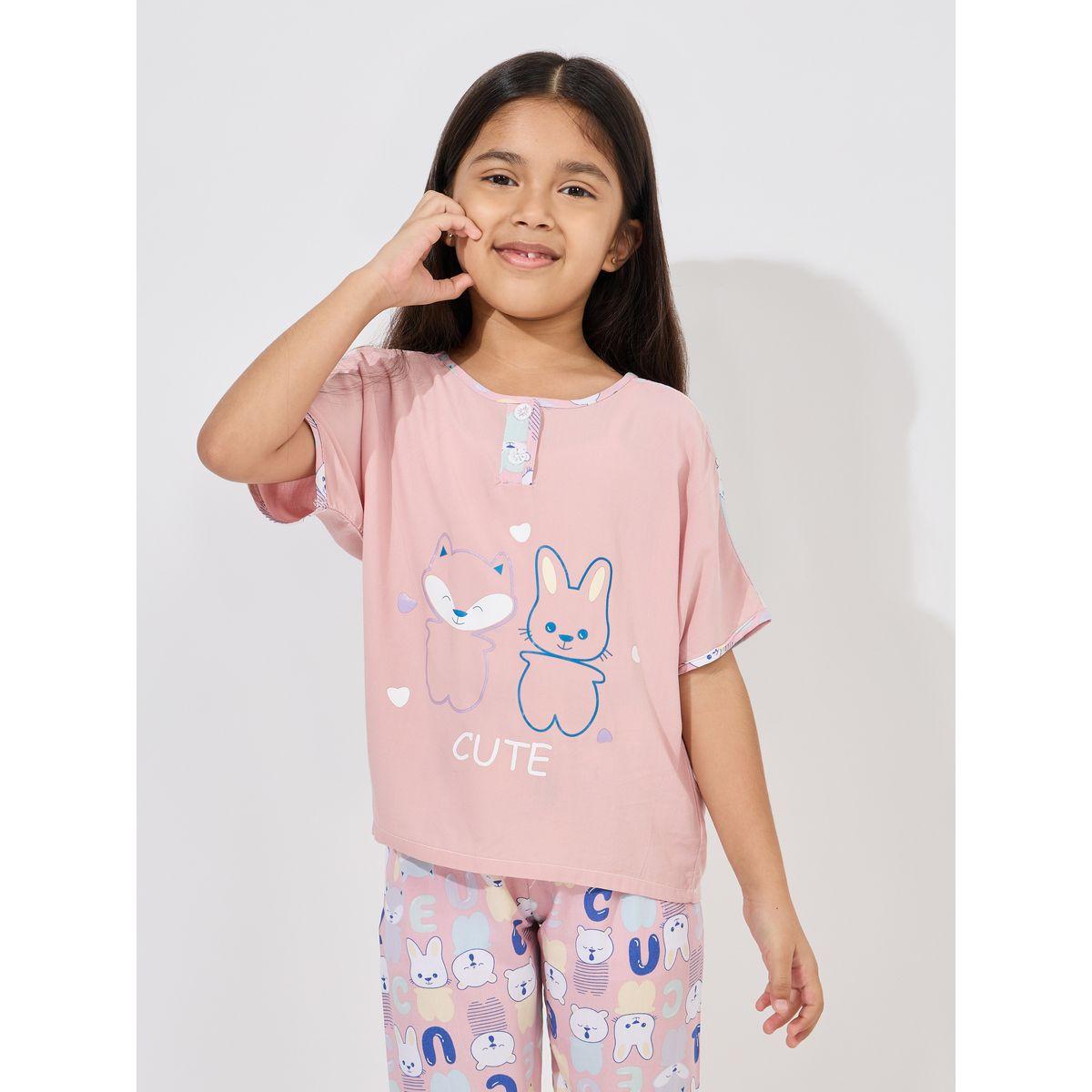 Styli Button Front Bear Print T-Shirt & Cropped Pyjama Set-girls-clothing-nightwear-image-2
