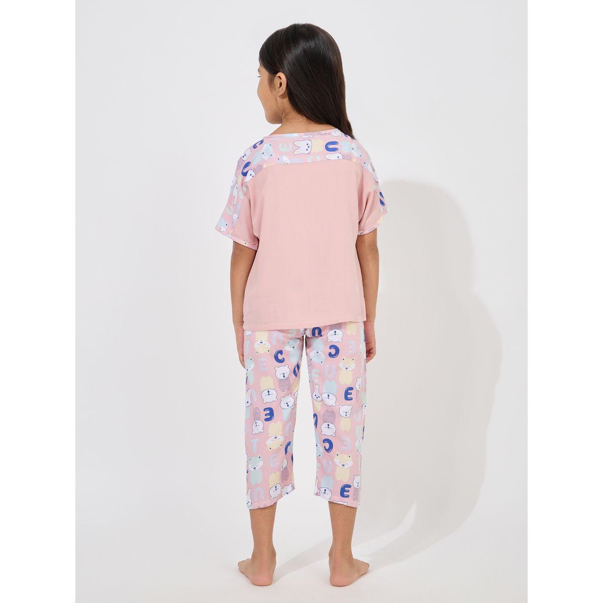 Styli Button Front Bear Print T-Shirt & Cropped Pyjama Set-girls-clothing-nightwear-image-4