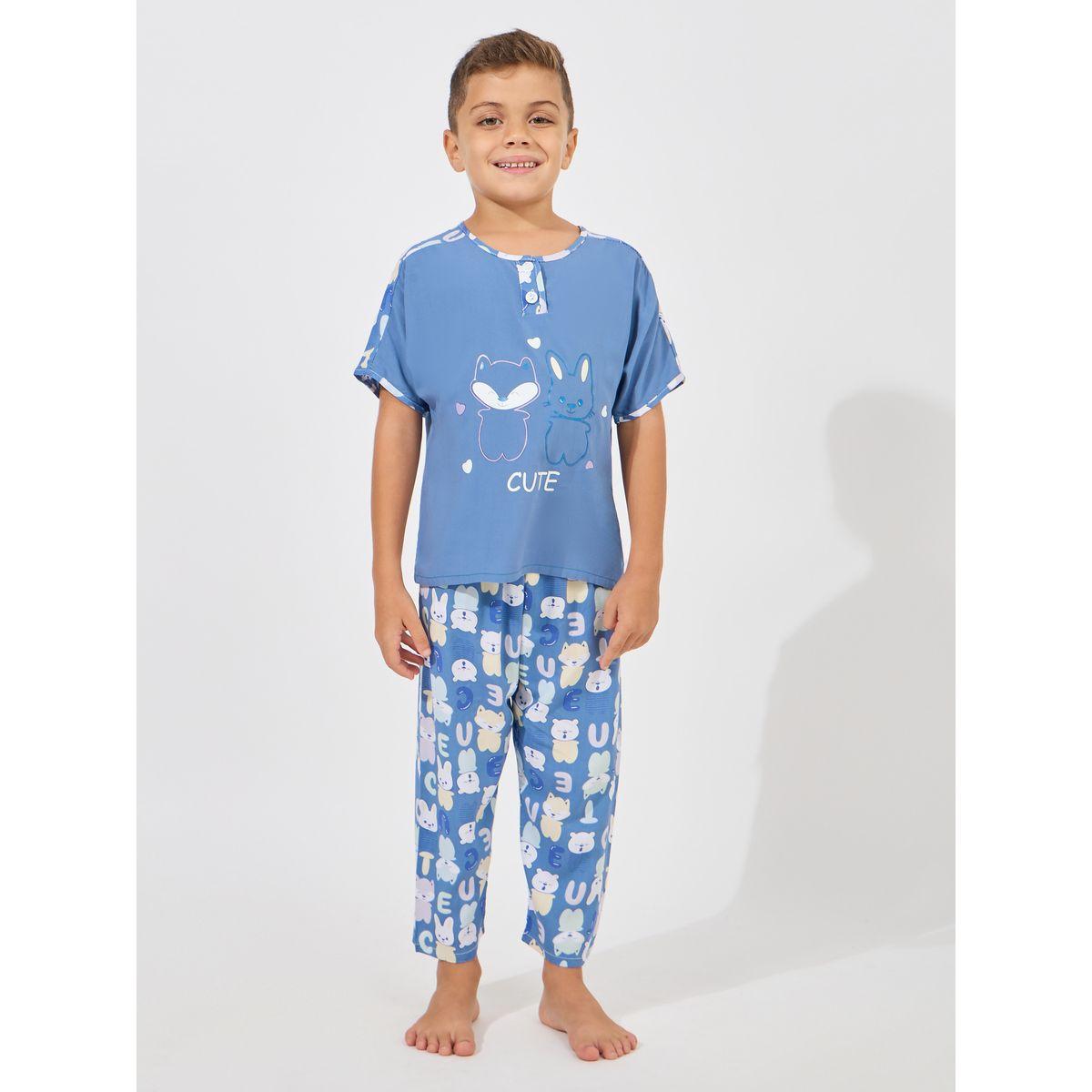 Styli Button Front Bear Print T-Shirt & Crop Pyjama Set-boys-clothing-nightwear-image-1