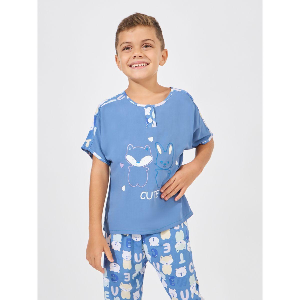 Styli Button Front Bear Print T-Shirt & Crop Pyjama Set-boys-clothing-nightwear-image-2