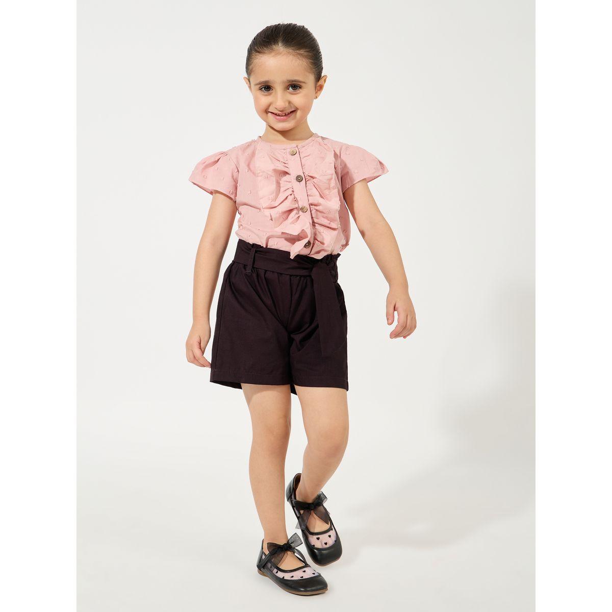 Styli Dobby Ruffled Top & Shorts Set-girls-clothing-setsandcoords-image-1