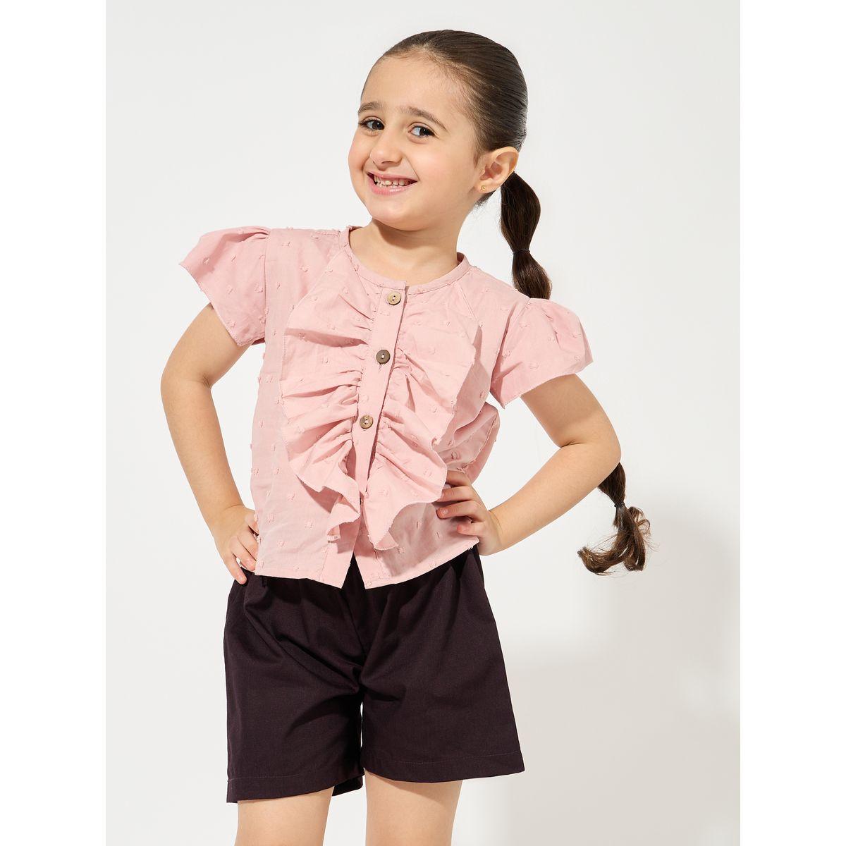Styli Dobby Ruffled Top & Shorts Set-girls-clothing-setsandcoords-image-2