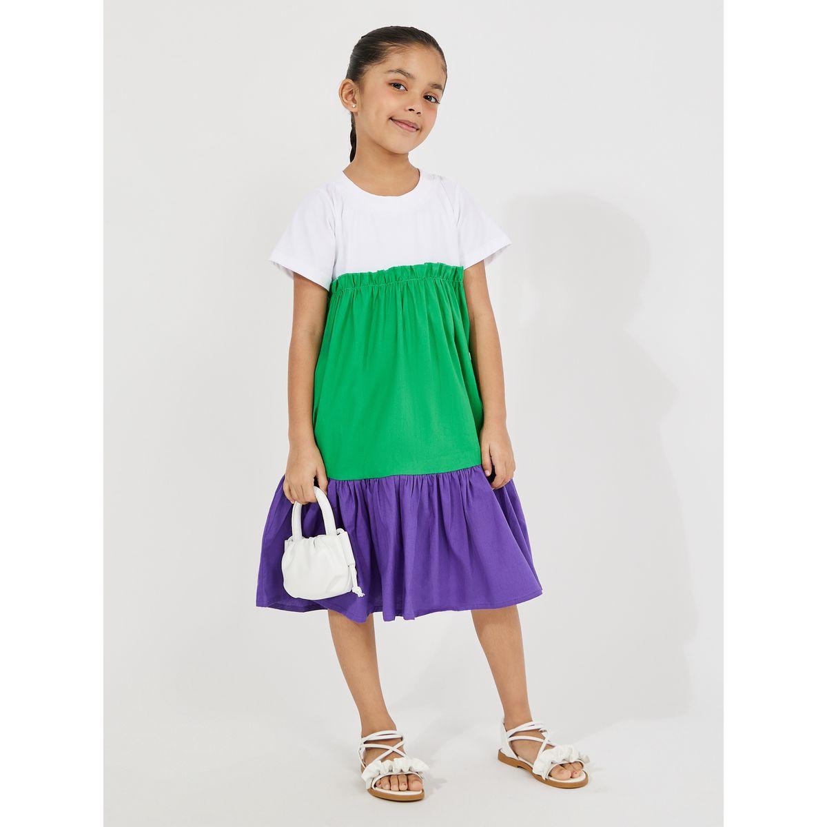 فستان بنمط كتل الالوان مع ياقة دائرية وكسرات-girls-clothing-dressesandjumpsuits-image-1