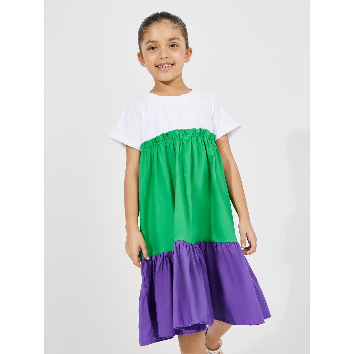 فستان بنمط كتل الالوان مع ياقة دائرية وكسرات-girls-clothing-dressesandjumpsuits-image-2
