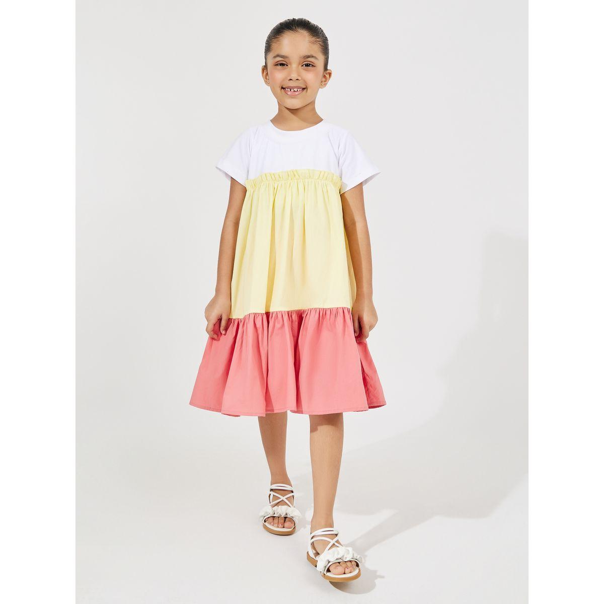 فستان بنمط كتل الالوان مع ياقة دائرية وكسرات-girls-clothing-dressesandjumpsuits-image-1